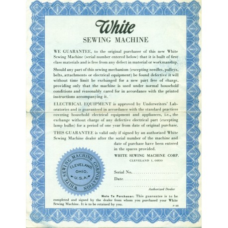 Vintage White Sewing Machine Warranty - Blue