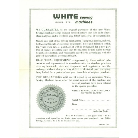 Vintage White Sewing Machine Warranty - White