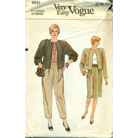 Vintage Womens Suit Pattern - Jacket Skirt & Pants - Vogue 8931
