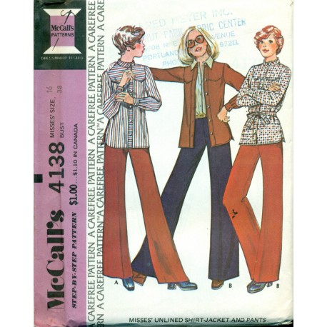Vintage Womens Shirt Jacket & Pants Sewing Pattern - McCalls No. 4138