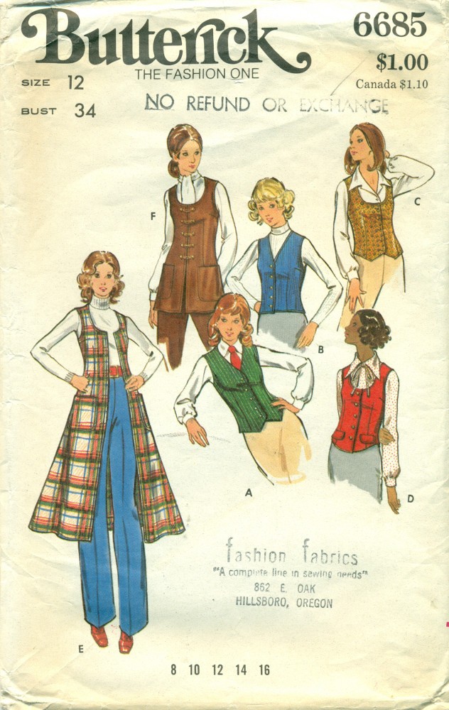 Womens Vest Sewing Pattern Butterick 1970s - Angel Elegance Vintage