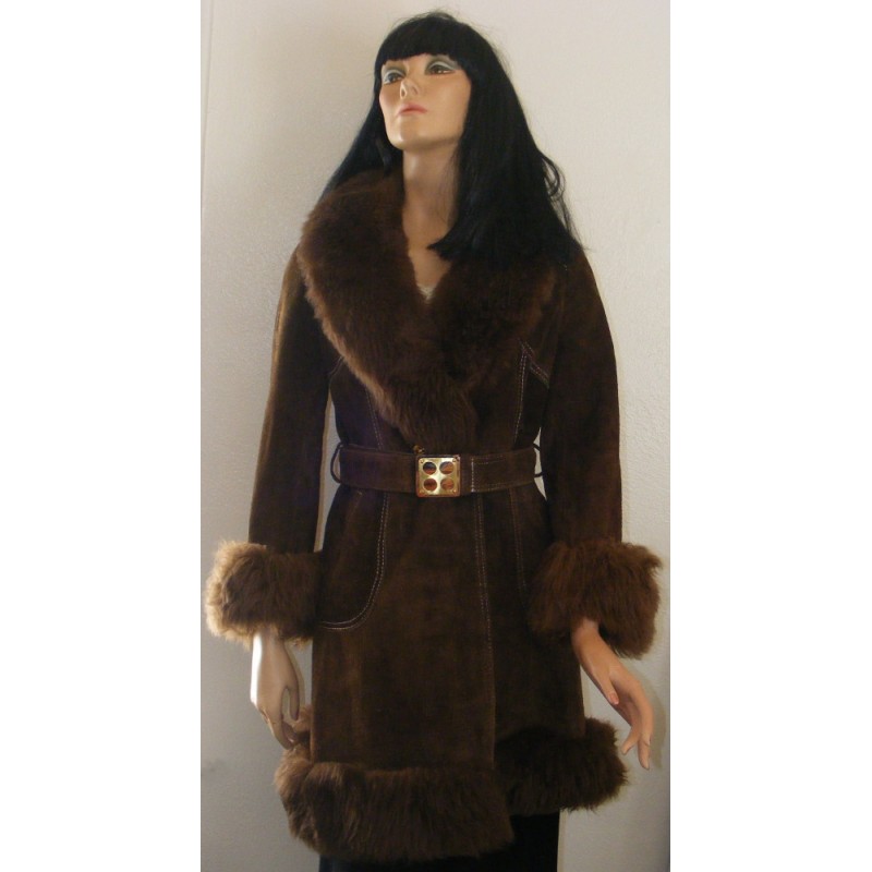 Leather Coat Suede Womens 1970s Faux Fur - Angel Elegance Vintage