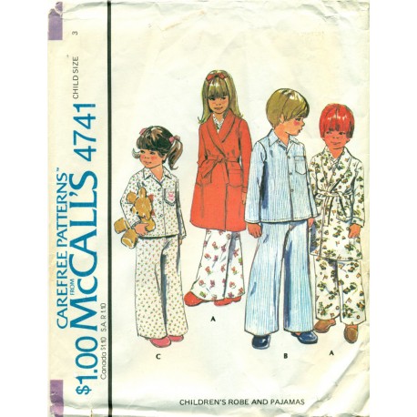 Pajama Robe Childrens Sewing Pattern 1970s